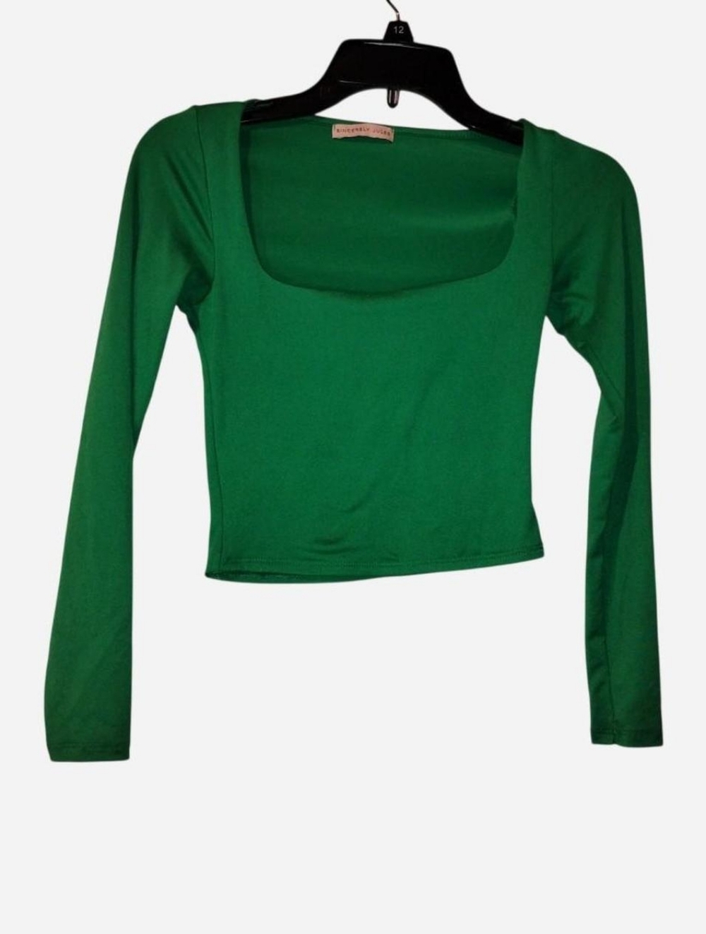 Sincerely Jules Kelly Green Square Neck Cropped Long Sleeve Top - Size Small